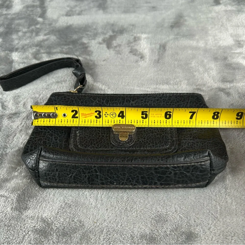 Dana Buchman Wristlet Black Pebbled Faux Leather Wrist Strap Brass Turn‎ Lock